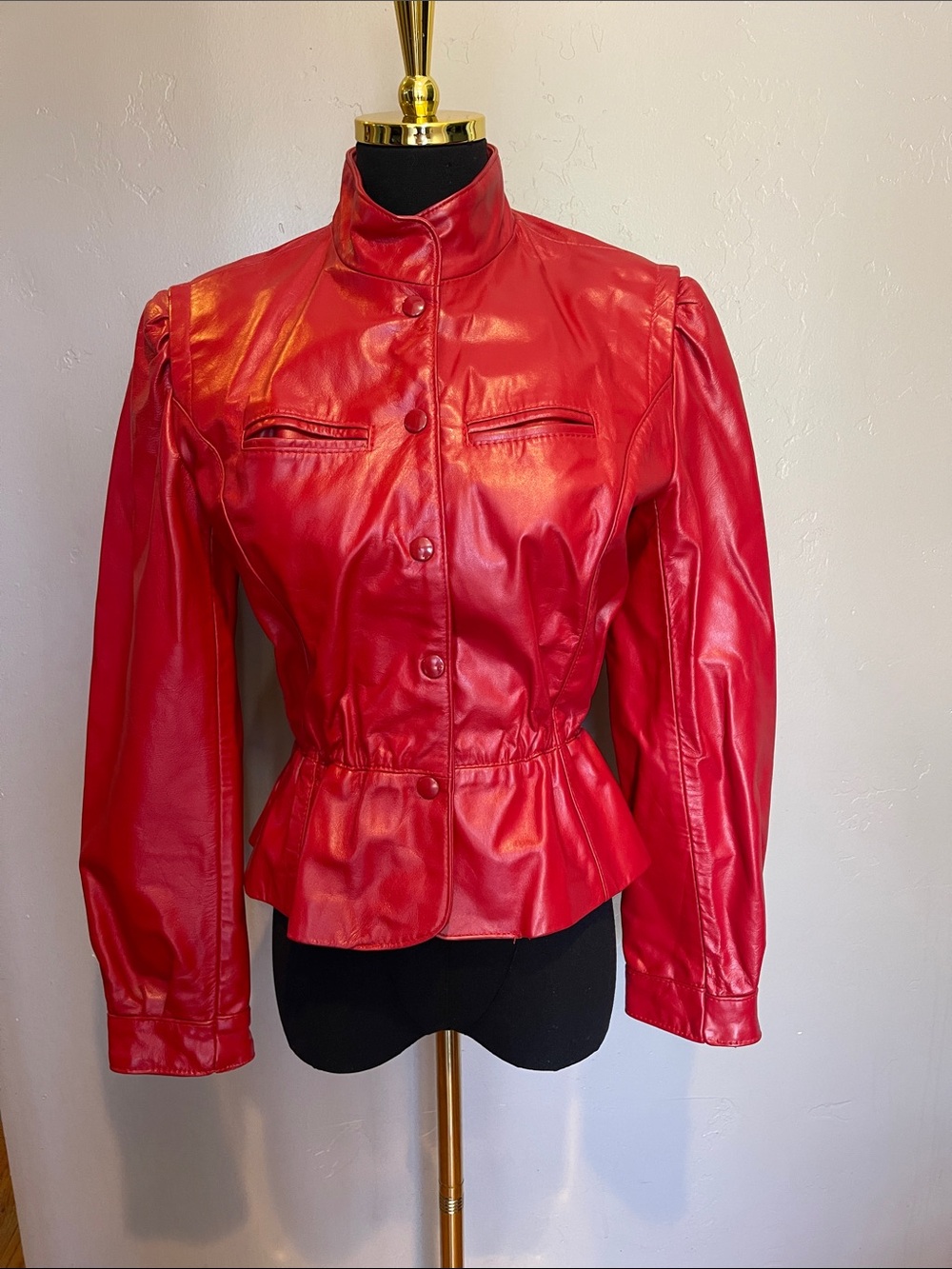VTG 80s Wilsons Suede & Leather Red Peplum Jacket Puff Sleeve Gathered Waist S